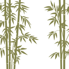 Green bamboo background. Cartoon Chinese or Japanese flora backdrop, asian bamboo forest plants with branches and leaves flat vector illustration. Bamboo sprouts pattern