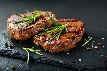 Juicy grilled beef steaks with aromatic rosemary on a stylish black slate board for trendy restaurant menu