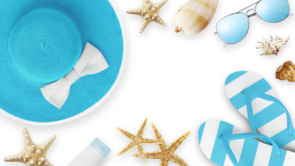 Top view of sea beach holiday accessories: light blue sun hat, sunglasses, flip flops, seashell,...