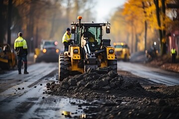 A yellow excavator collects and removes old asphalt pavement