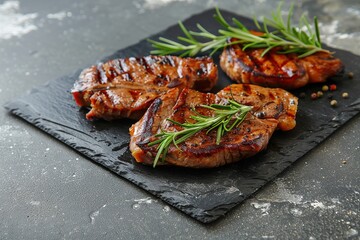 grilled beef steaks with aromatic rosemary on a stylish black slate board for trendy restaurant menu