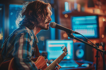 a long haired musician with a guitar in his home recording studio - obrazy, fototapety, plakaty