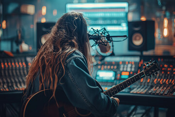 a long haired musician with a guitar in his home recording studio