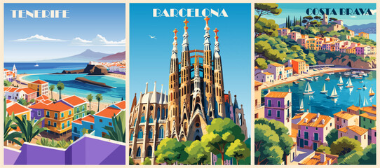 Set of Spain Travel Destination Posters in retro style. Barcelona, Tenerife, Costa Brava digital prints. European summer vacation, holidays concept. Vintage vector colorful illustrations.