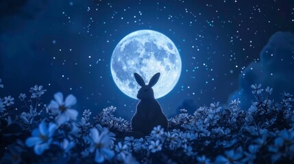 Obraz na płótnie Canvas A solitary bunny is silhouetted against a radiant full moon and twinkling stars, surrounded by nocturnal blooms in a mystical night scene.