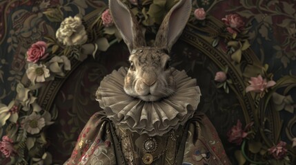 A regal rabbit dressed in elaborate Renaissance attire poses before a backdrop adorned with ornate floral designs, exuding nobility and grandeur. - obrazy, fototapety, plakaty