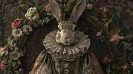 Deurstickers A regal rabbit dressed in elaborate Renaissance attire poses before a backdrop adorned with ornate floral designs, exuding nobility and grandeur. © doraclub