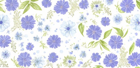 青い花と葉っぱの模様背景、包装紙、カップ、アパレルにも - 761587965