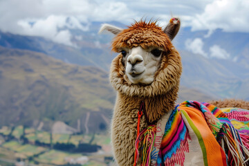 Fototapeta premium portrait of alpaca in the mountains