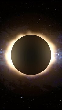 A vertical looping view of a total solar eclipse in deep space.  	