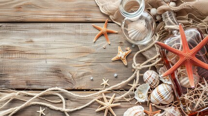 Mockup of wooden blank surface and seashells, starfish, Pebble, sea theme natural eco background with copy space, AI generated - Powered by Adobe