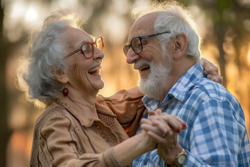 Happy and youthful senior active couple enjoy dancing together and having fun in outdoor leisure activity. Old mature people young mood. One retired man and woman dance outside and laugh with love
