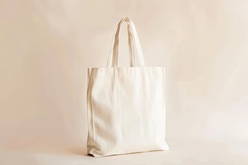 Mockup of white blank canvas tote bag with, minimalistic monochromatic scandinavian danish style background, eco textile shopping sack with copy space, AI generated