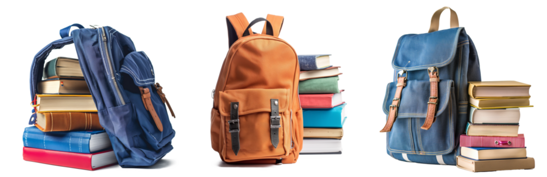 Back to school essentials - backpack and books. A blue canvas backpack with leather straps next to a stack of hardcover books isolated on transparent background