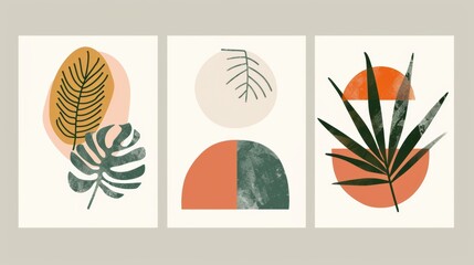 Geometric, natural shapes poster set in mid-century style. Modern illustration: tropical palm leaf and geo elements for boho wall decor.