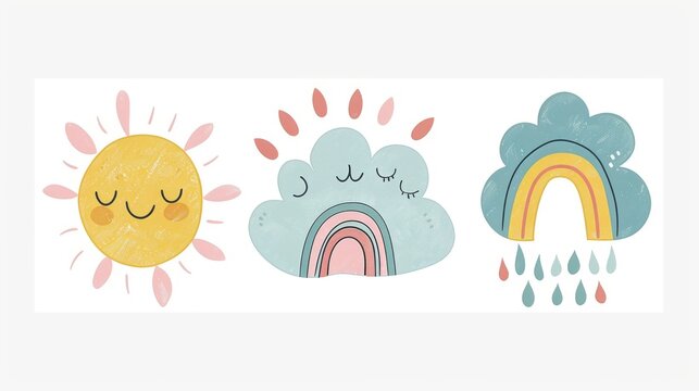 Hand drawn Scandinavian style children's room decoration with a sun, rainbow, and clouds. Suitable for both boys and girls. This modern illustration set of illustrations is ideal for cards,