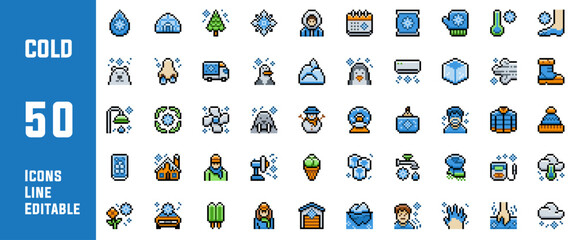 50 Cold Icons Set Pack Line Editable Vector Illustration