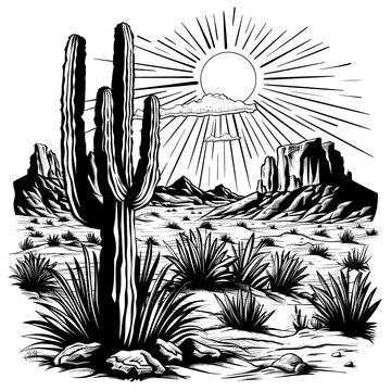 a black and white drawing of a cactus in a desert
