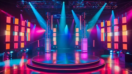 Game show stage shines with neon lights, colorful spotlights, and glowing pillars. Colorful beams...