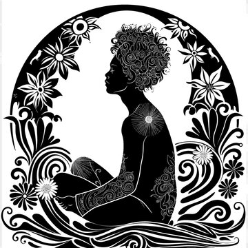 a silhouette of a woman sitting in a circle with flowers