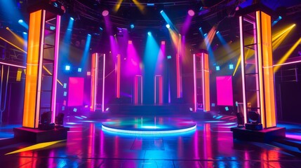 Game show stage shines with neon lights, colorful spotlights, and glowing pillars. Colorful beams from ceiling truss make game show stage lively and vibrant. - obrazy, fototapety, plakaty