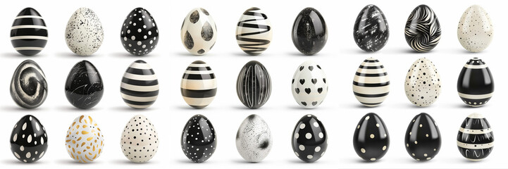 Painted eggs for Easter. Top view on isolated white background. Black and white decorated eggs, tattoos on eggs. Black drawing with a felt-tip pen on the eggs. - obrazy, fototapety, plakaty