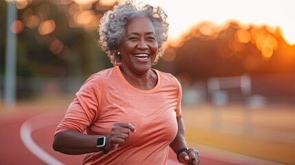 Smiling elderly black woman jogging at the sports stadium outside, promoting an active lifestyle and engagement in sports for senior people, AI generated