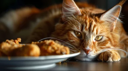 Zelfklevend Fotobehang  orange cat laying down hungry looking at fried chicken  © marimalina