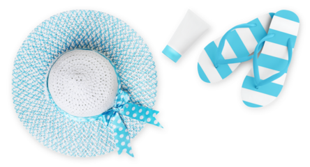 Top view of sea beach holiday accessories: light blue sun hat, azure flip flops and sunscreen. Summer beach vacation banner sign, copy space isolated on white background