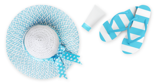 Top view of sea beach holiday accessories: light blue sun hat, azure flip flops and sunscreen. Summer beach vacation banner sign, copy space isolated on white background