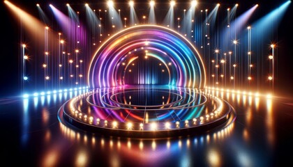 Game show stage shines with neon lights, colorful spotlights, and glowing pillars. Colorful beams from ceiling truss make game show stage lively and vibrant. - obrazy, fototapety, plakaty
