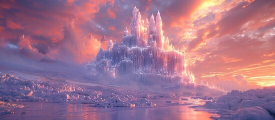 Majestic Ice Castle Glowing with Magical Light Amidst an Orange Sunset Sky