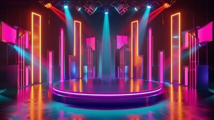 Game show stage shines with neon lights, colorful spotlights, and glowing pillars. Colorful beams from ceiling truss make game show stage lively and vibrant.