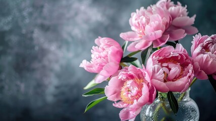 Pink peonies in a glass vase against a blurred background.