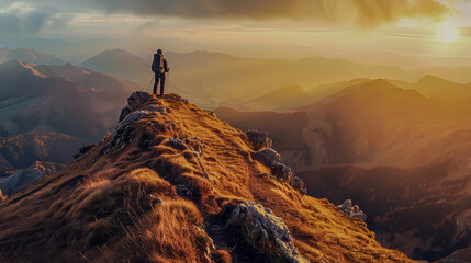 Hiker on mountain peak sunrise - obrazy, fototapety, plakaty
