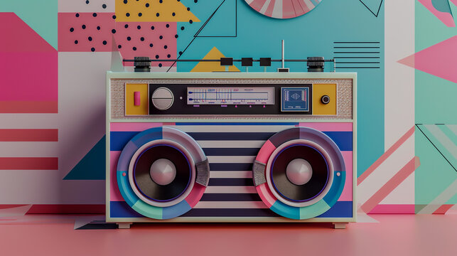 A retro-inspired boom box featuring geometric shapes and bold colors 