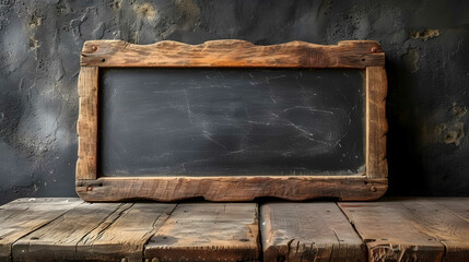 Blank School Chalk Board on the Wall, Blackboard with rubbed wooden frame, old vintage dirty chalkboard. Back to School concept, for classroom or restaurant menu. Template blackboard for design - obrazy, fototapety, plakaty
