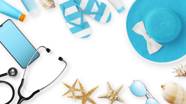 Top view of sea beach holiday accessories: sun hat, sunglasses, flip flops, stethoscope, seashell, phone, and sunscreen. Summer beach vacation banner sign with a medical insurance travel concept