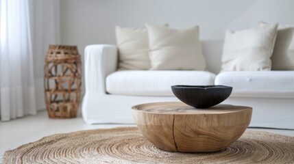 Round wood coffee table against white sofa. Scandinavian home interior design of modern living room