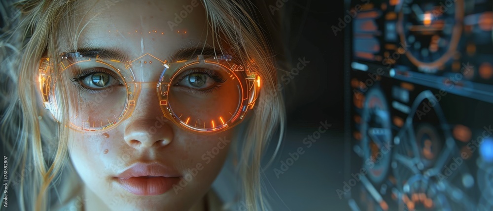 Poster gui (graphical user interface) concept with a young female engineer.
