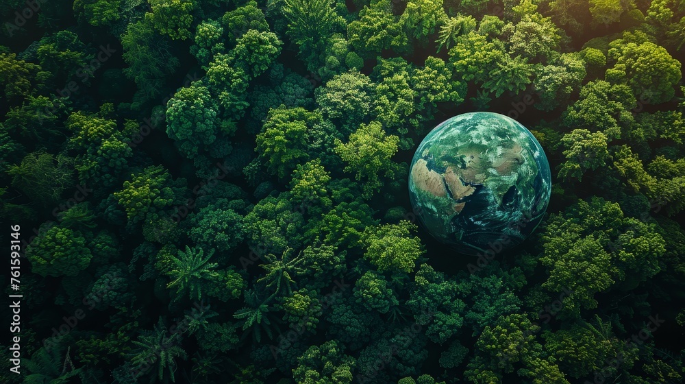 Poster the aerial view of a green forest with a green planet, the earth in your hands, the ecosystem and a 