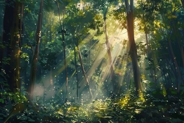 A dense forest with tall trees, sunlight filtering through the leaves creating rays of light on the ground and illuminating dust particles in midair Generative AI