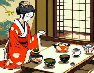  Illustration of young Japanese woman during a traditional tea ceremony.