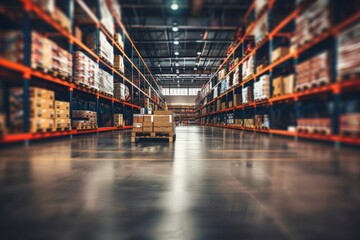 Retail warehouse full of shelves with goods in cartons, with pallets and forklifts. Logistics and transportation blurred background Product distribution center. - obrazy, fototapety, plakaty