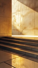 Sunlight bathes modern concrete stairs and walls in warm golden hues, highlighting textures and...