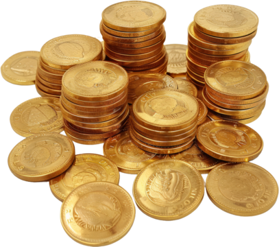 Stacks of gold coins with clover imprint, cut out transparent