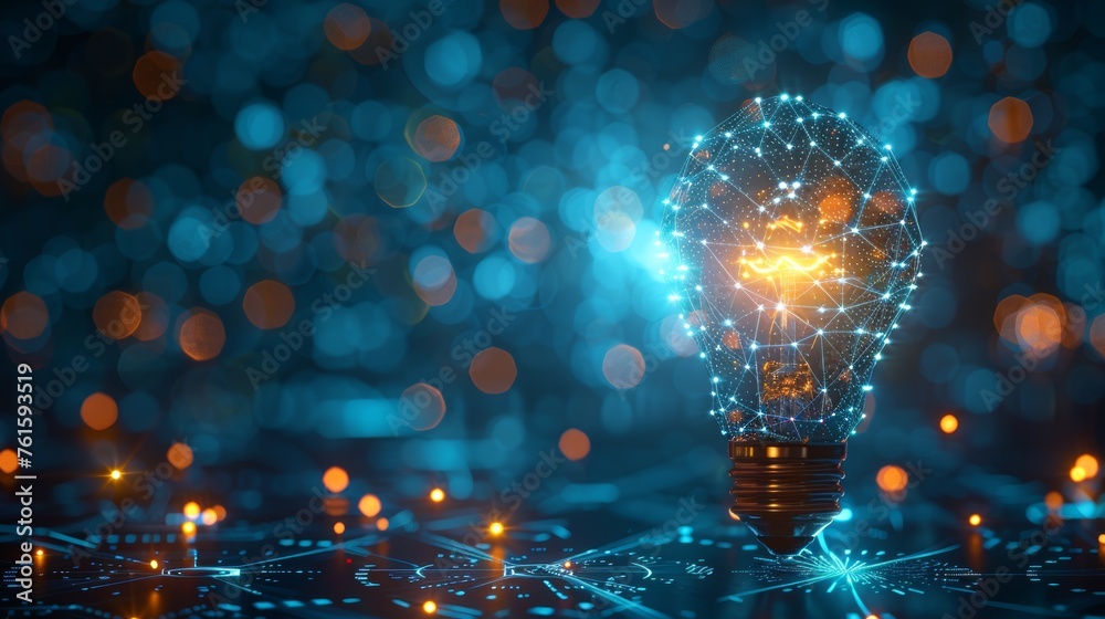 Poster a glowing blue light bulb with cog wheels and a business model. low poly style design with geometric