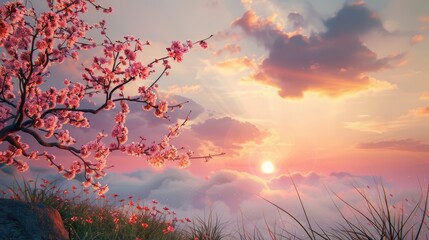 sunrise as the sun breaks through the clouds, illuminating blooming plum blossoms in a landscape with vibrant colors and abundant empty space for text.