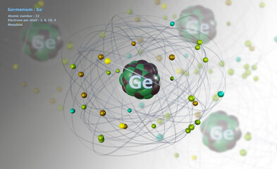 Atom of Germanium with detailed Core and its 32 Electrons on white with Atoms in background