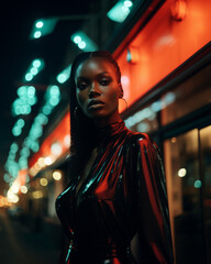 Obraz premium Beautiful Fashion Black Model with a shiny black skinny dress with sleeves into a night city street with many neons as a blurry background